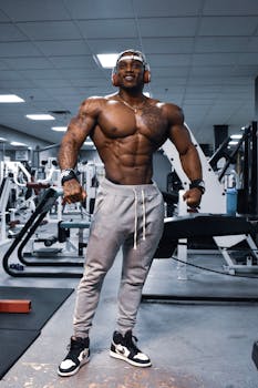 Bodybuilder flexing muscles in a gym, wearing headphones and sweatpants. Perfect for fitness and strength themes.