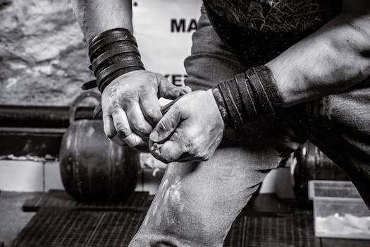 Close-up of a muscular athlete's hands chalked and ready to lift weights.
