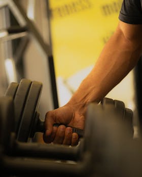 Close-up of a muscular arm gripping a dumbbell, emphasizing strength and power inside a gym.