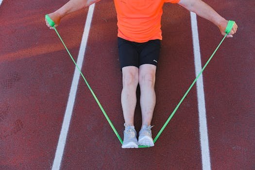 From above of crop anonymous sportsman in sportswear doing workout with pulling rubber elastics on stadium in daylight